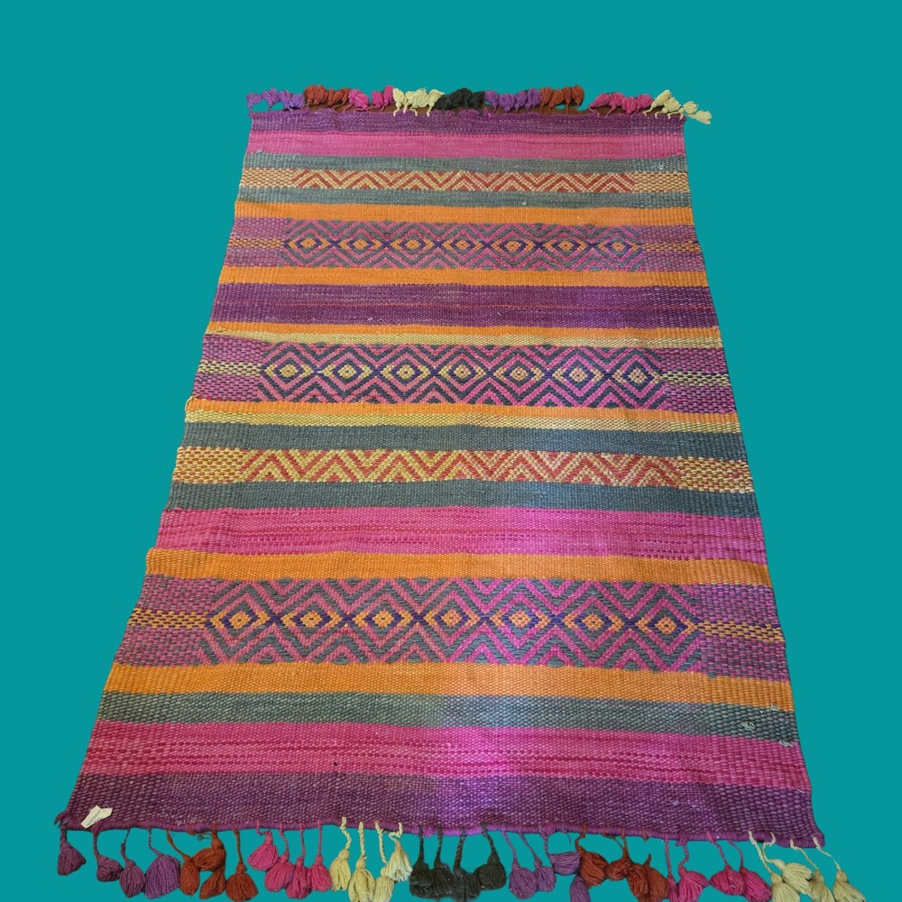 Vtg Handwoven Wool Kilim Rug Geometric Southwestern Boho Tassels Boho 4'x 6' - Picture 6 of 9